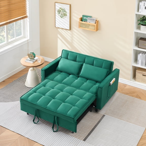 Velvet Sofa Bed, 3-in-1 Convertible Sleeper Sofa, Small Love Seat with Pocket & Pillow, Modern Pull Out Bed for Living Room, Apartment, Guest Room, Green