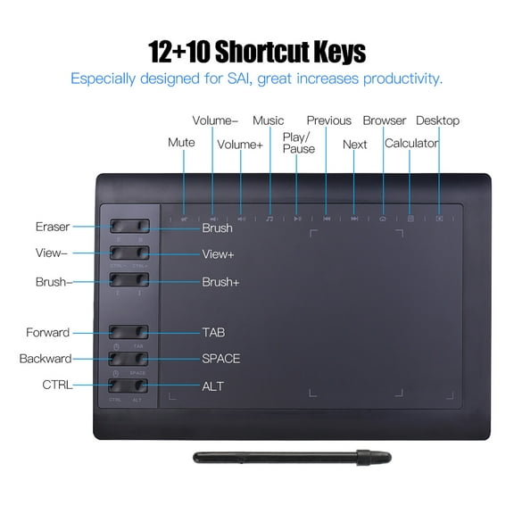 Graphics 10x6 Inch Professional Graphics Drawing Tablet 12 Express Keys With 8192 Levels Support PC Laptop Connection