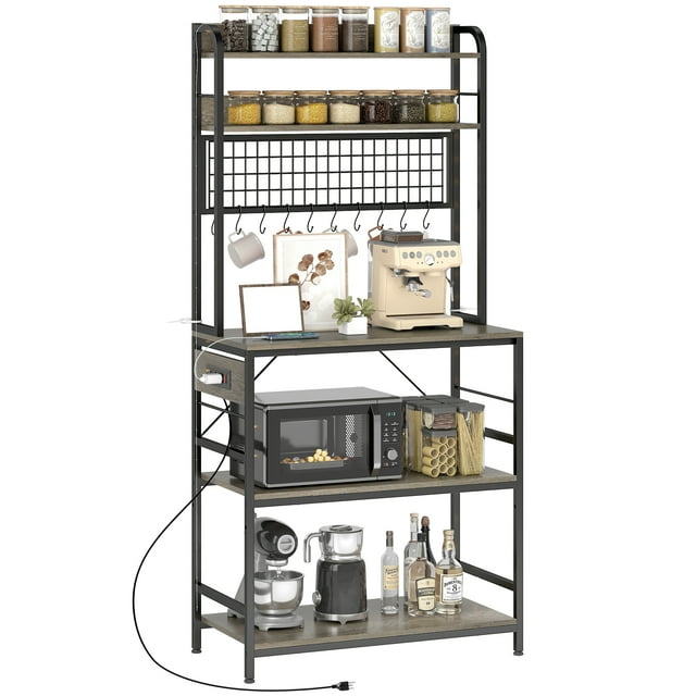 HOMCOM Bakers Rack with Power Outlet Industrial Coffee Bar Grey