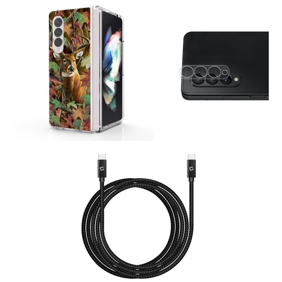 Accessory Bundle for Galaxy Z Fold 4: Slim Snap-On Case (Hunter Camo Deer), Rear Camera Glass Protector, Nylon Braided USB-C to USB-C Cable (4 Feet)