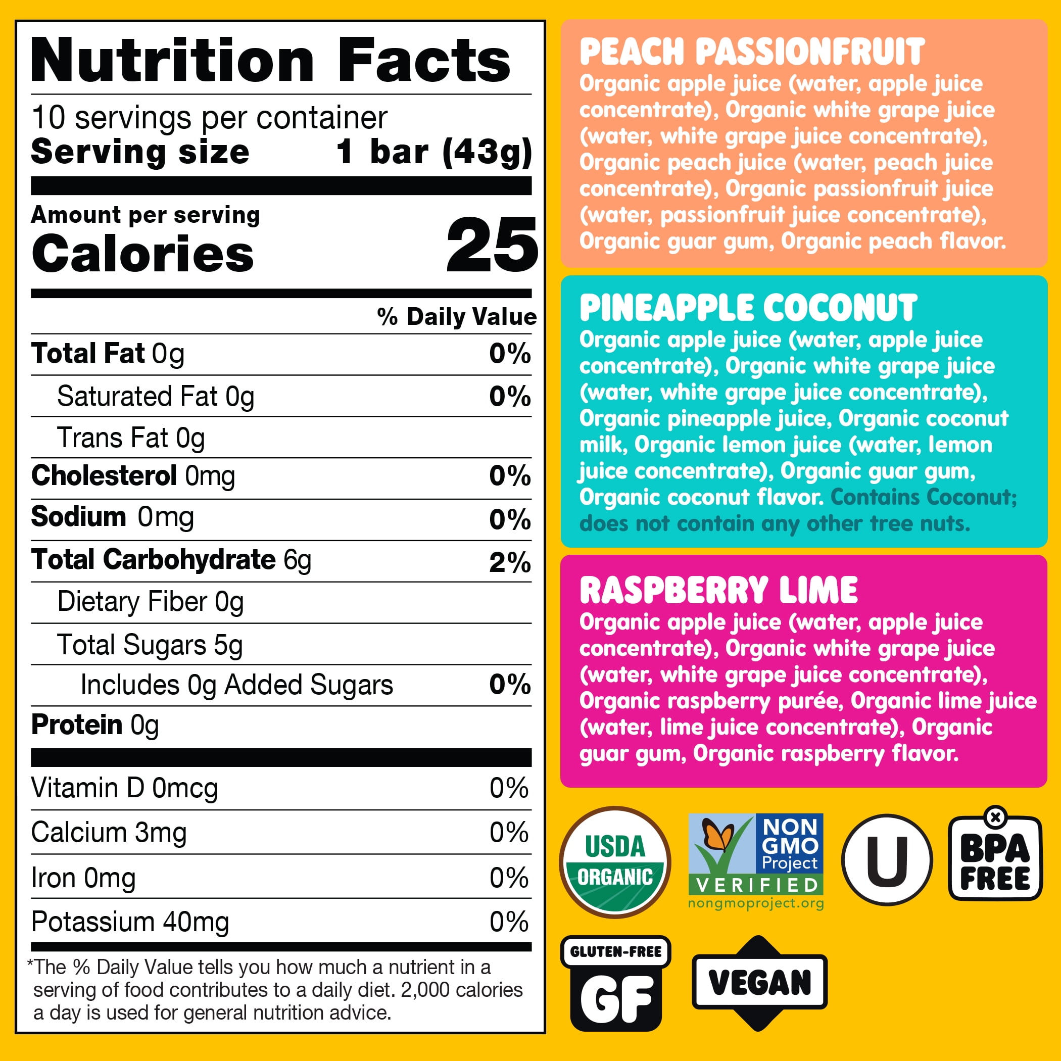 Deebee's Organics Tropical Fruit Freezies Ice Pops, Gluten-Free, 1.35 oz, 10 Count