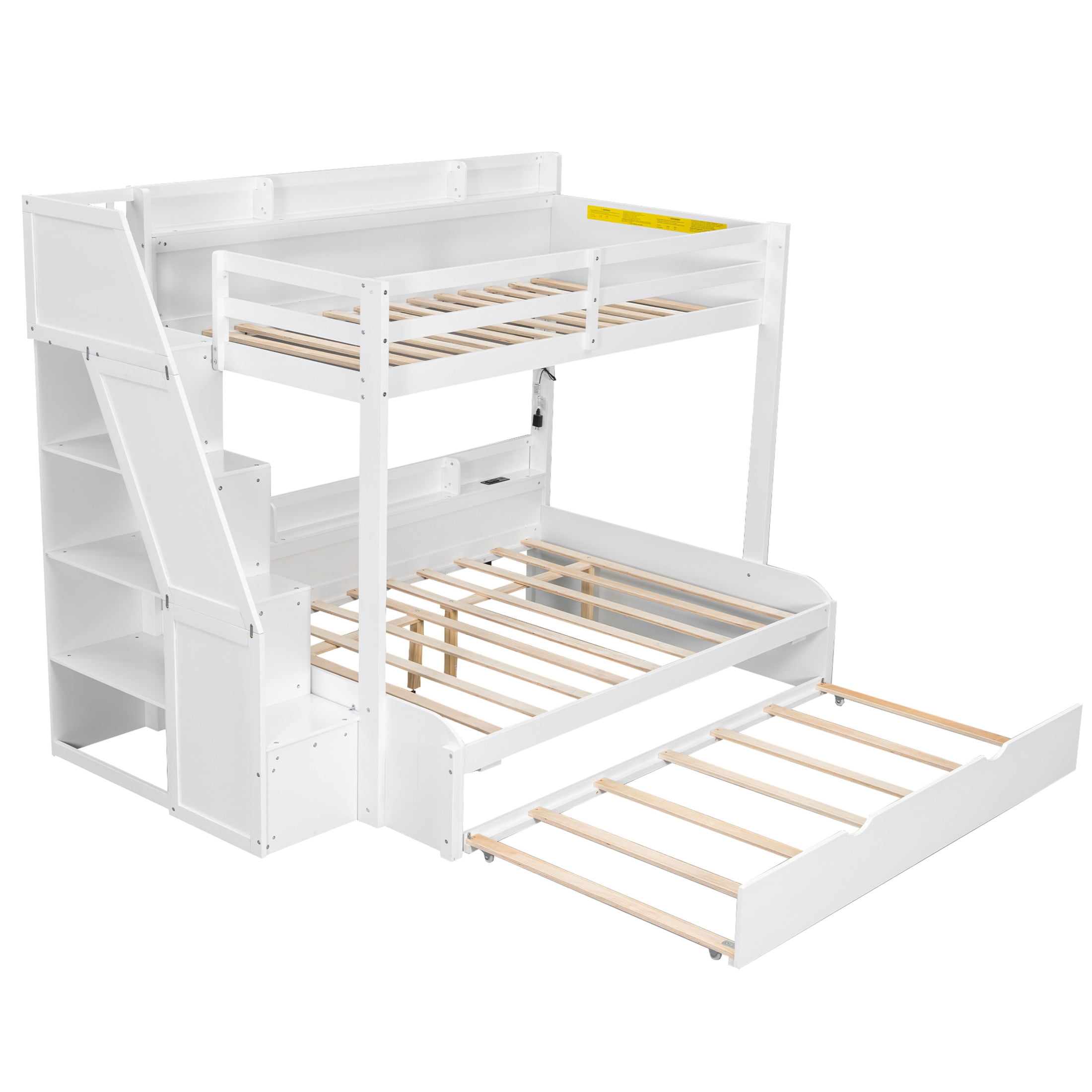 Noble House Aldorin Twin over Full Bunk Bed with Storage Staircase and Trundle, LED Light and Charging Ports, White