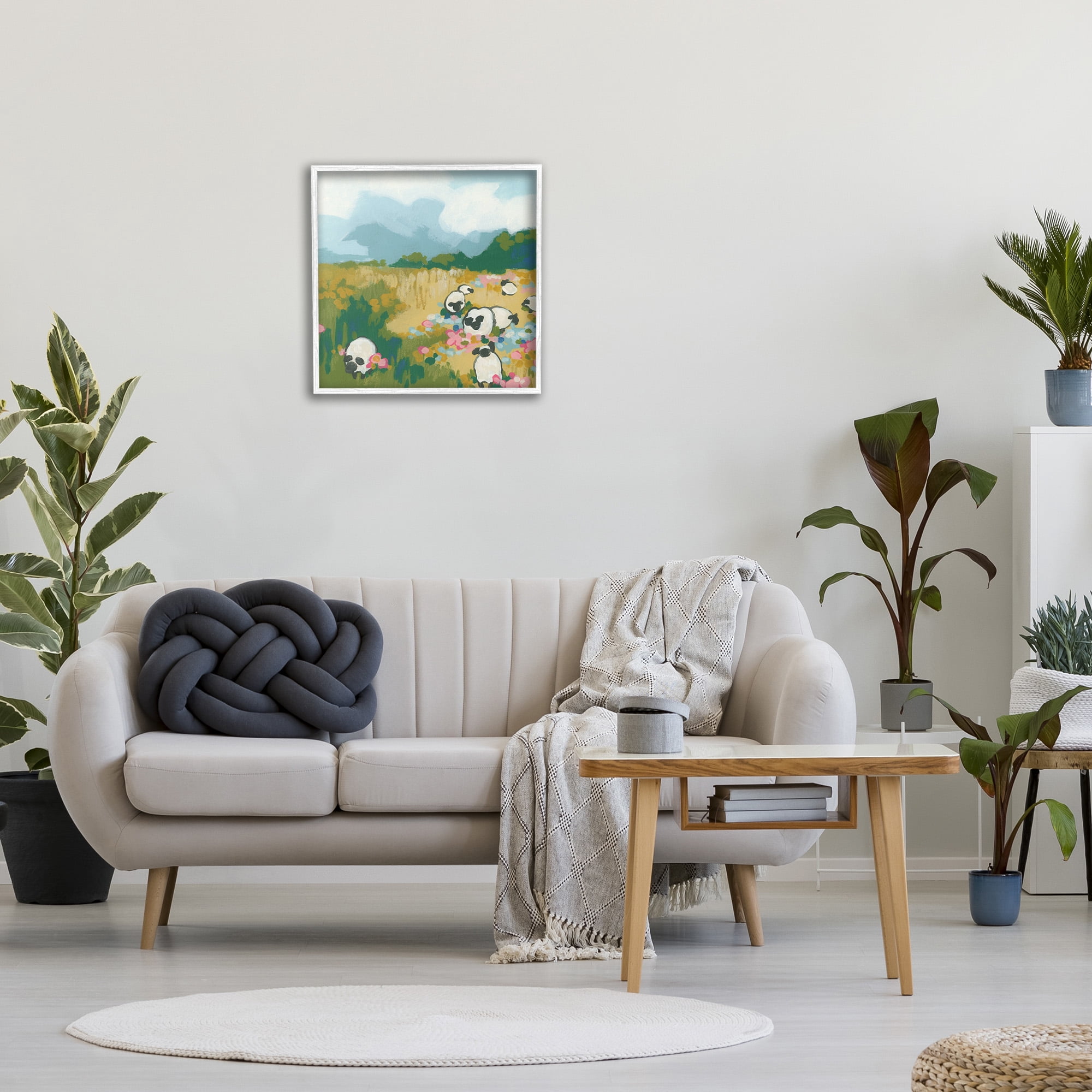 Stupell Industries Abstract Sheep & Flowers Landscape Painting White Framed Art Print Wall Art, 24 x 24