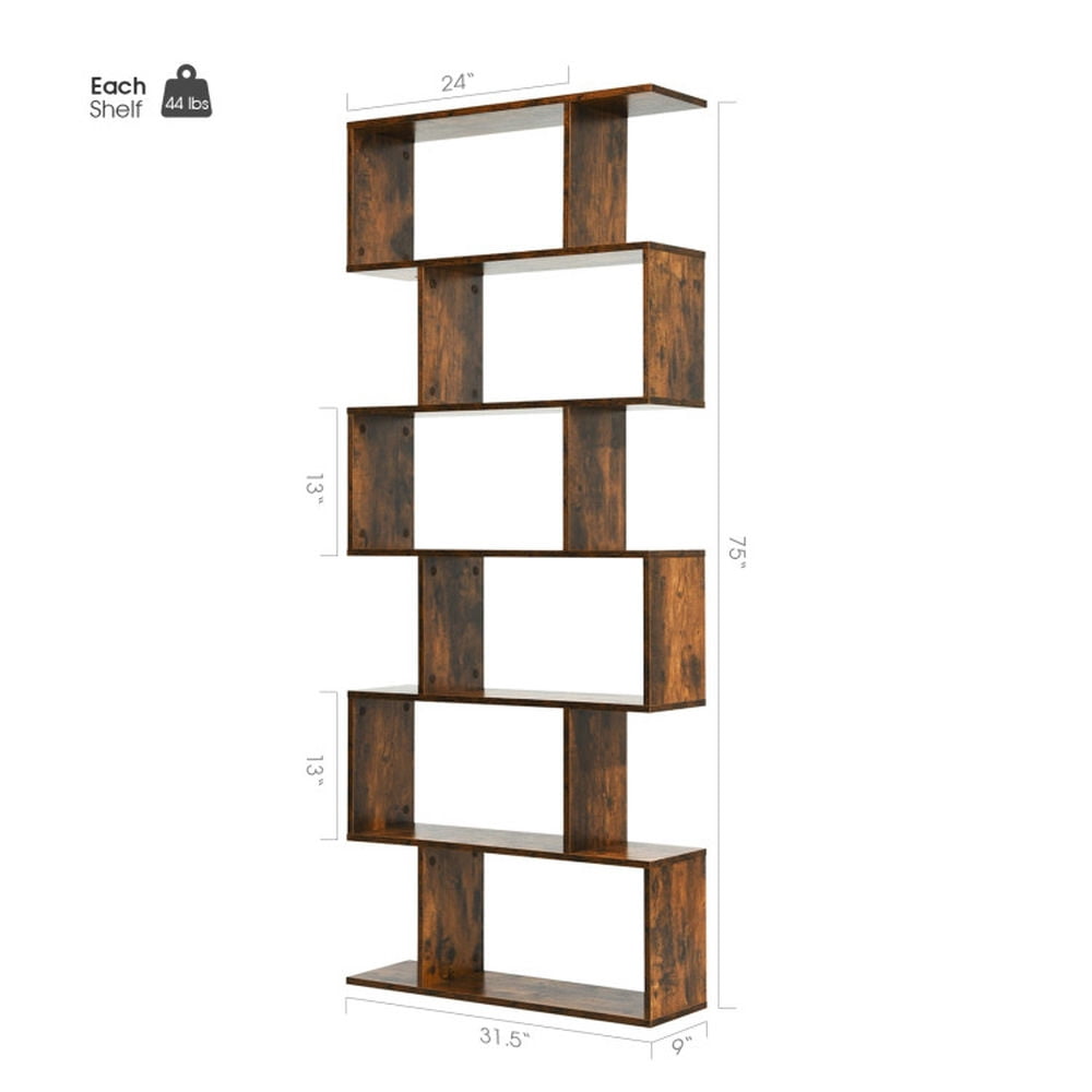 Demi Bonn 6 Tier S-Shaped Bookshelf Storage Display Bookcase Decor Z-Shelf, Brown