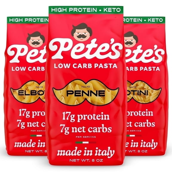 Pete's Pasta Elbow Rotini Penne Variety Pack - 7g Low Carb, 17g High Protein - Authentic Italian Keto Wheat Pasta - 3 Pack, 8oz.