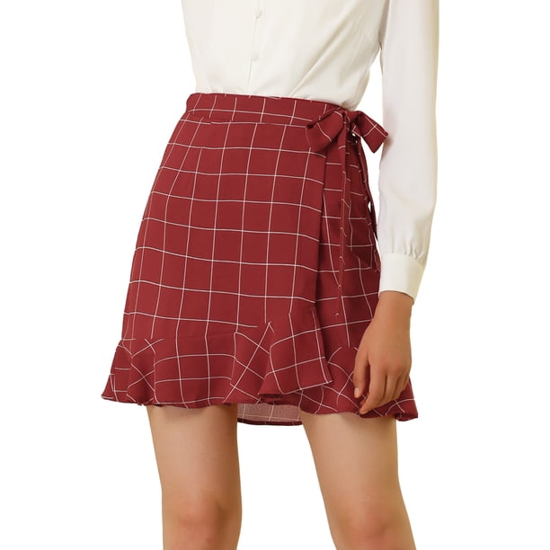 INSPIRE CHIC Falda cruzada corta con volantes y cuadrícula de cintura con lazo a cuadros para mujer rojo XL