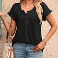 thumbnail image 5 of Women's Curved Hem Short Sleeve Shirts Summer Soft Pleated Scoop Neck Button Down Shirt Loose Fit Casual Daily Wear Tops Black, 5 of 8