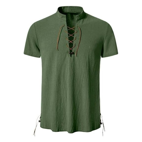 snilers Mens Henley Shirts Short Sleeve Lace Up V Neck Tees Hippie Beach Summer Tops Vintage Solid Drawstring Blouses