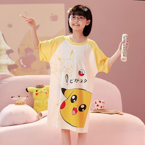 Camisón Kawaii de Anime Sanrios para niños, pijamas de algodón de manga corta con dibujos animados de MyMelody Kuromi Cinnamoroll, ropa de casa para niñas