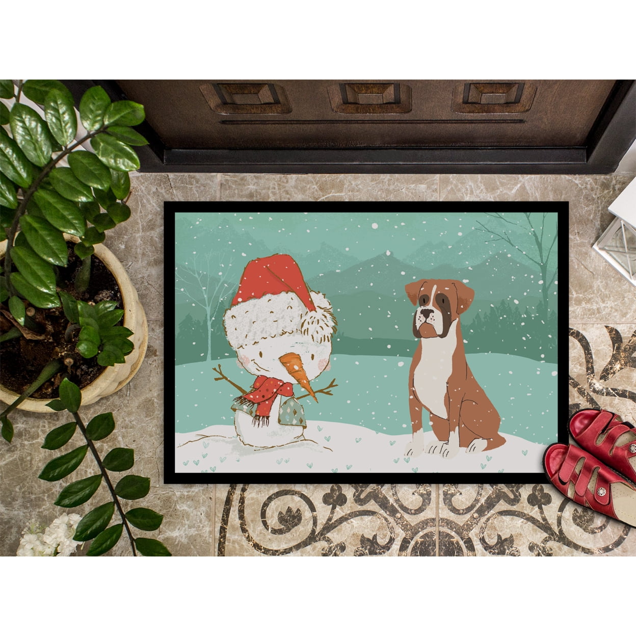 Carolines Treasures CK2036JMAT Fawn Boxer and Snowman Christmas Door Mat Indoor Rug or Outdoor Welcome Mat 24x36 Doormat