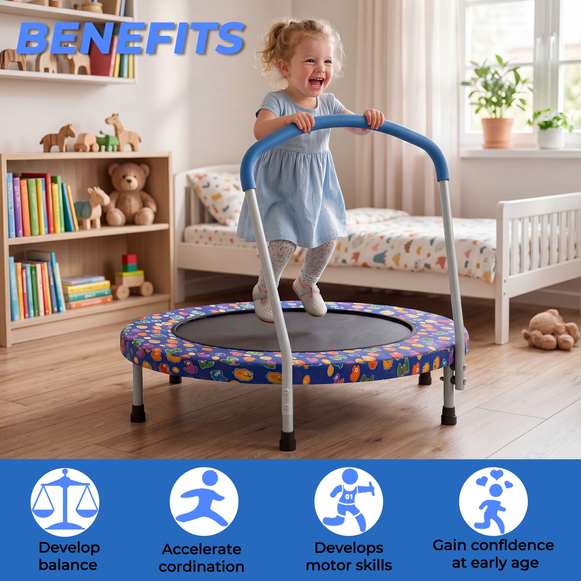 Mersco 36" Trampoline for Kids Indoor Trampoline with Handle for 2+ Years Kids Print