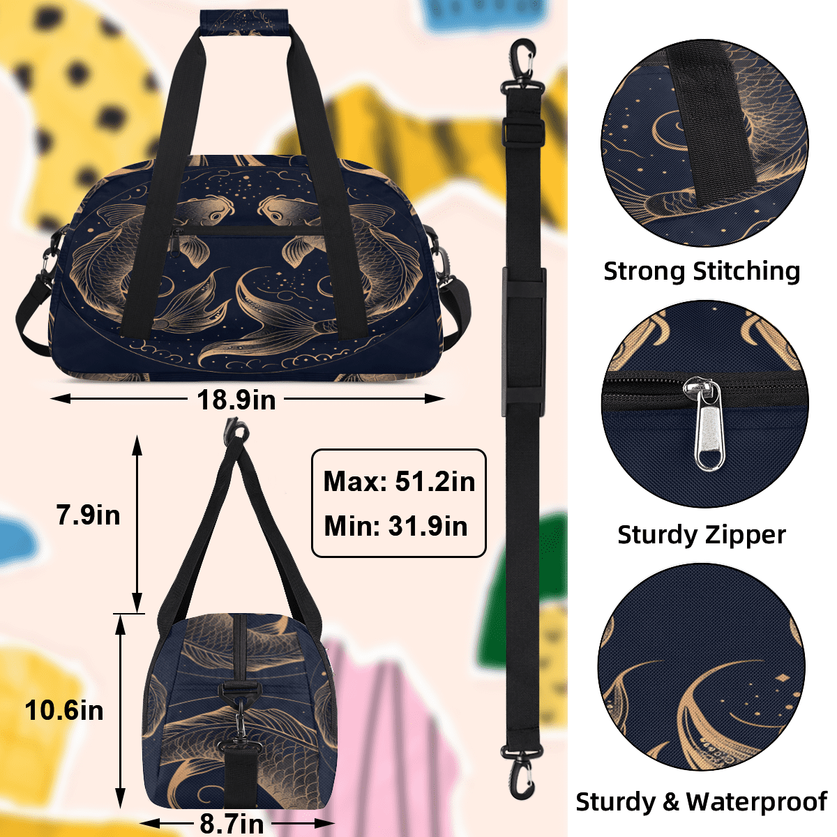 Herdesigns Zodiac Sports Duffle Bag for Women & Men, Pisces Vintage Fish Gym Bag Dance Bag Overnight Bag Carry On Weekender Travel Bag