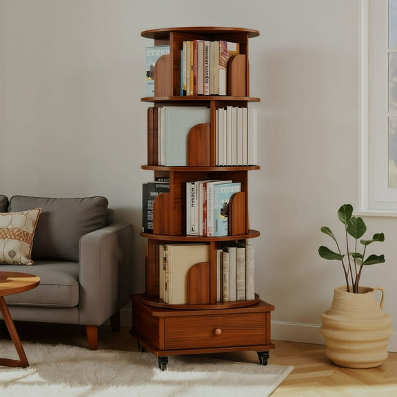 S-HOME 360-Degree Rotating Bookshelf with Drawer in Walnut, 5-Tier Corner Bookcase Organizer for Small Spaces and Storage