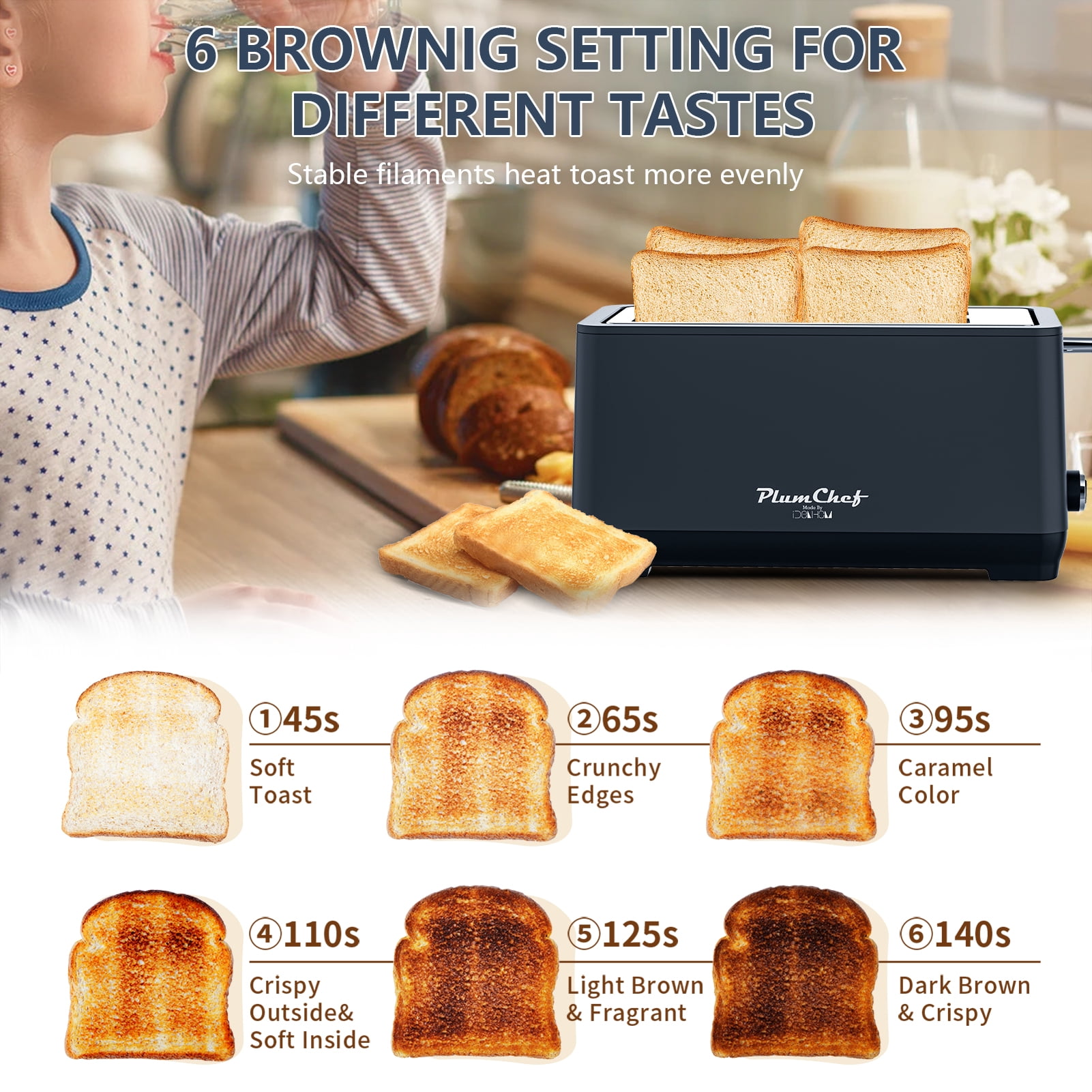 4-Slice Toaster, Extra Wide Long Slot Toaster with Warming Rack, 6 Browning Settings, Bagel/Defrost/Reheat Functions, Removable Crumb Tray, Stainless Steel Housing 1500W, Matte Blue