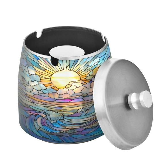 (9.3*9.3*9.7inch)Ashtray with Lid for Cigarette, Stainless Steel Smokeless Odorless Windproof Ashtrays, for Home Office Tabletop Outside Patio Outdoor Balcony Sun and Sea Map