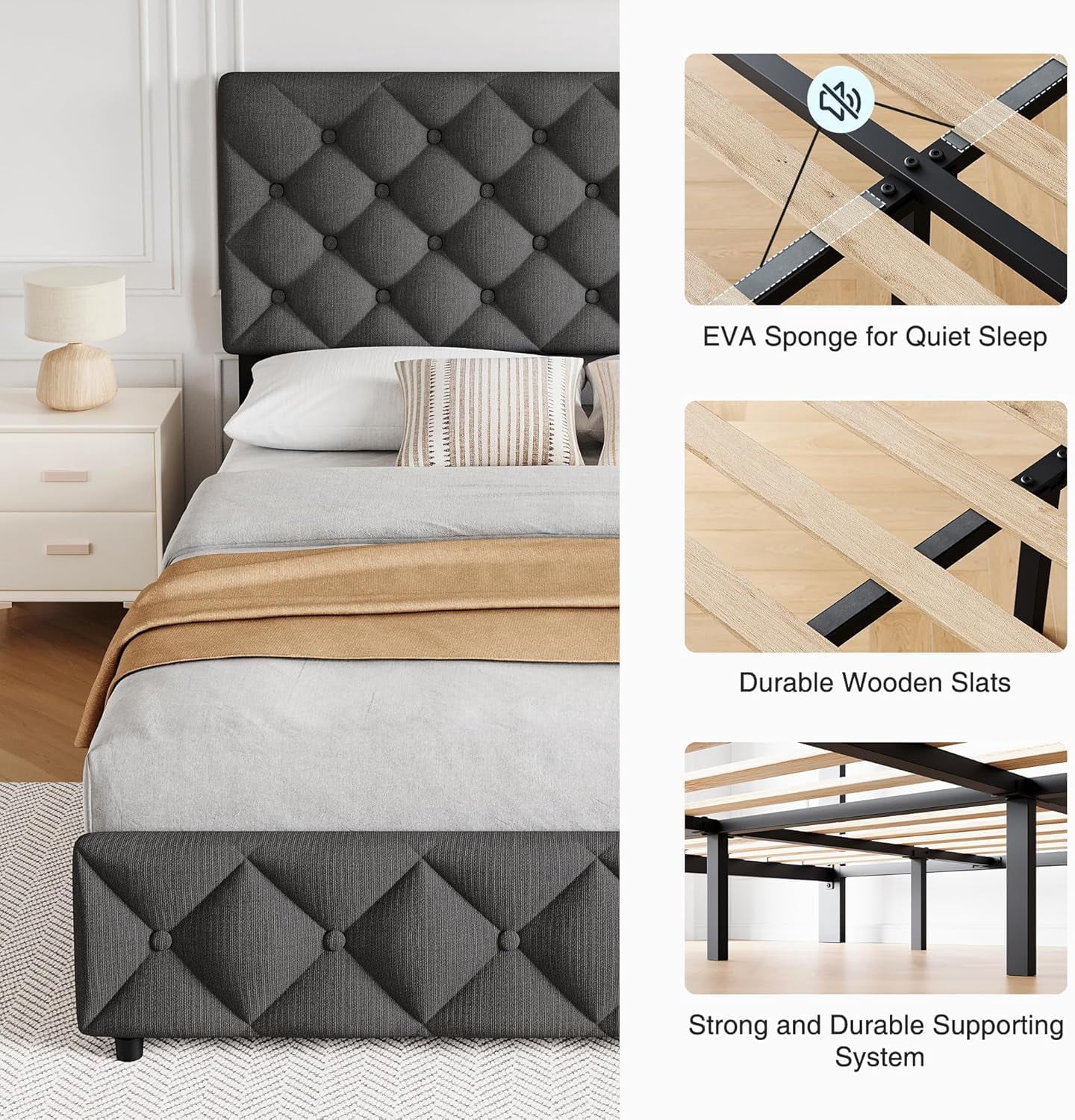 GARVEE King Size Bed Frame, with Adjustable Headboard, 4 Storage Drawers, Gray