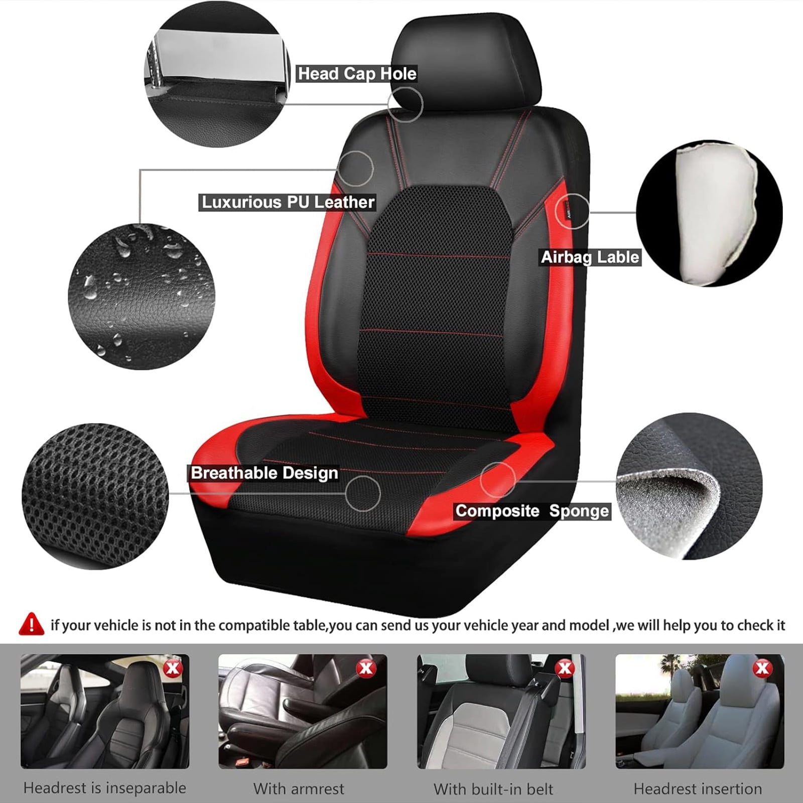CAR GRAND Leather car seat covers air mesh breathable universal fit airbag compatible car, SUV, truck and van