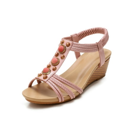 

Wazshop Ladies Heels Sandal Beach Dressy Shoes Ankle Strap Wedge Sandals Anti-Slip Slip On Casual Shoe Women Mid Heel Lightweight Pink 7