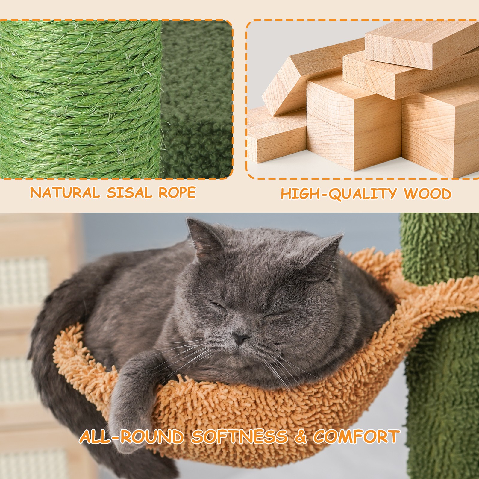 OSM 42-inch Cactus Cat Tree for Indoor Cats, Multi-Level Tower with Condo, Scratching Post, Ramp, Perch, Basket & Toys, Compact Climber for Kittens & Small Cats, Green