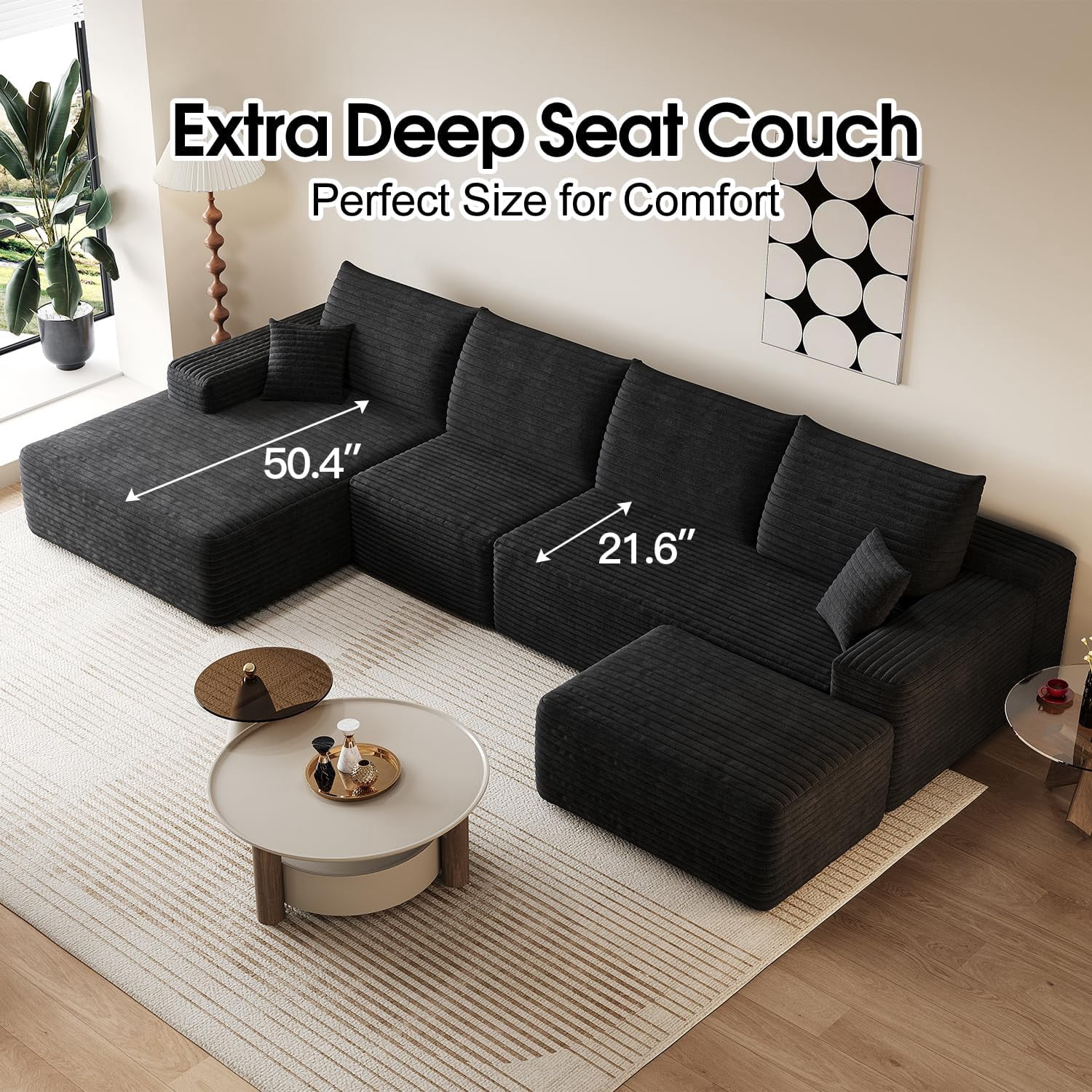 Sailvan 135" Cloud Sectional Couch, Cloudy Sofa with L-Shape Chaise & Ottoman, Upholstered Couches for Living Room & Bedroom, No Assembly Required, Plush Corduroy Fabric, Black