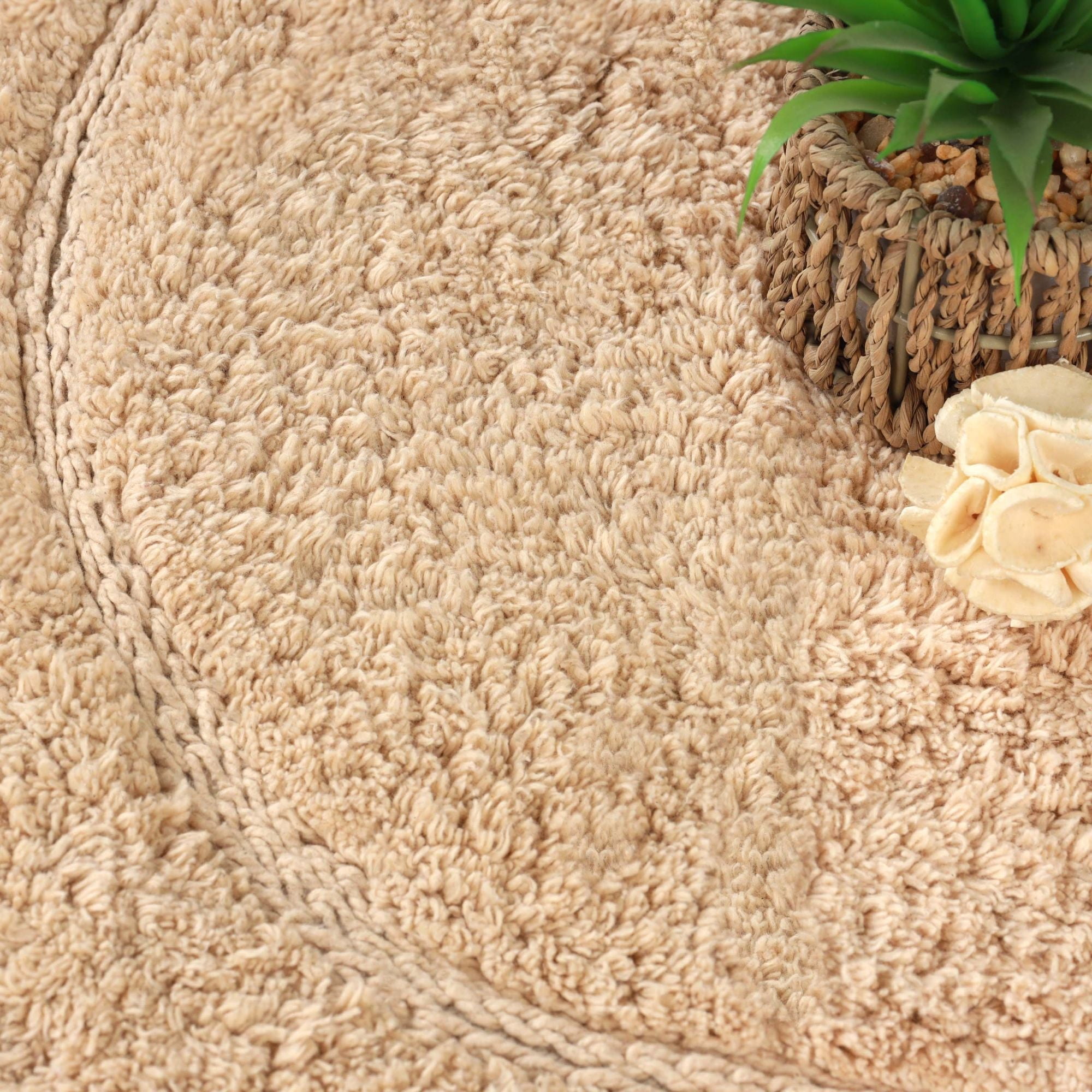 Superior Oval Bordered Cotton Washable Non-Slip Bath Rug, Runner Size, Taupe