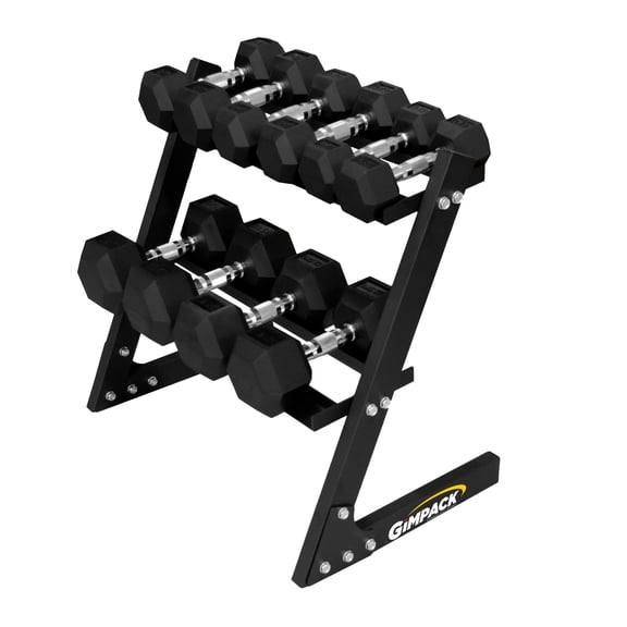 Gimpack Set de Mancuernas Hexagonales con Rack – 91 kg Totales, Mancuernas de 4, 6, 8, 12.5 y 15 kg, Revestimiento de Caucho y Rack de Acero Resistente