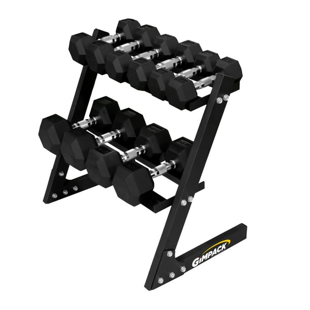 Gimpack Set de Mancuernas Hexagonales con Rack – 91 kg Totales, Mancuernas de 4, 6, 8, 12.5 y 15 kg, Revestimiento de Caucho y Rack de Acero Resistente