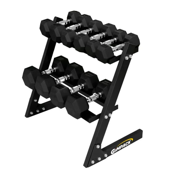 Gimpack Set de Mancuernas Hexagonales con Rack – 91 kg Totales, Mancuernas de 4, 6, 8, 12.5 y 15 kg, Revestimiento de Caucho y Rack de Acero Resistente