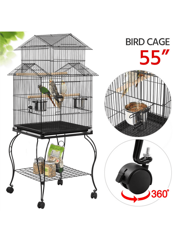 Easyfashion Large Metal Rolling Bird Cage Parrot Aviary Canary Pet Perch With Stand, Black