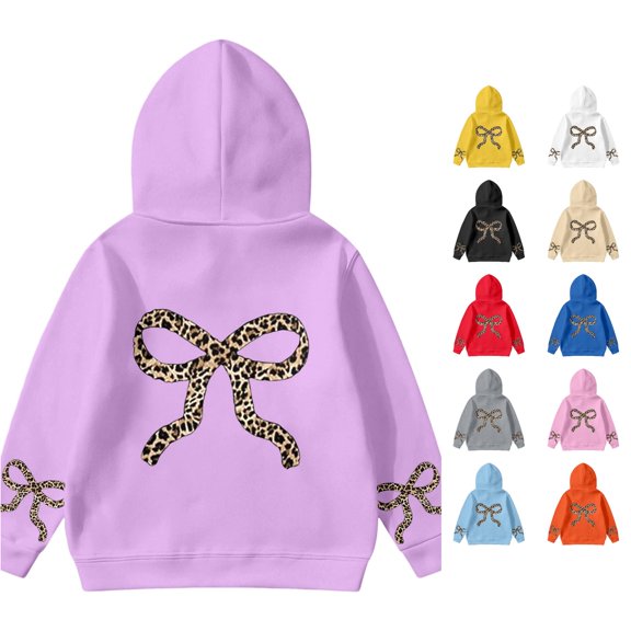 Byoo Tween Girl's Leopard Bow Print Hoodie Long Sleeve Pullover Hooded Sweatshirt Casual Daily Hooded Sweatshirt,Purple