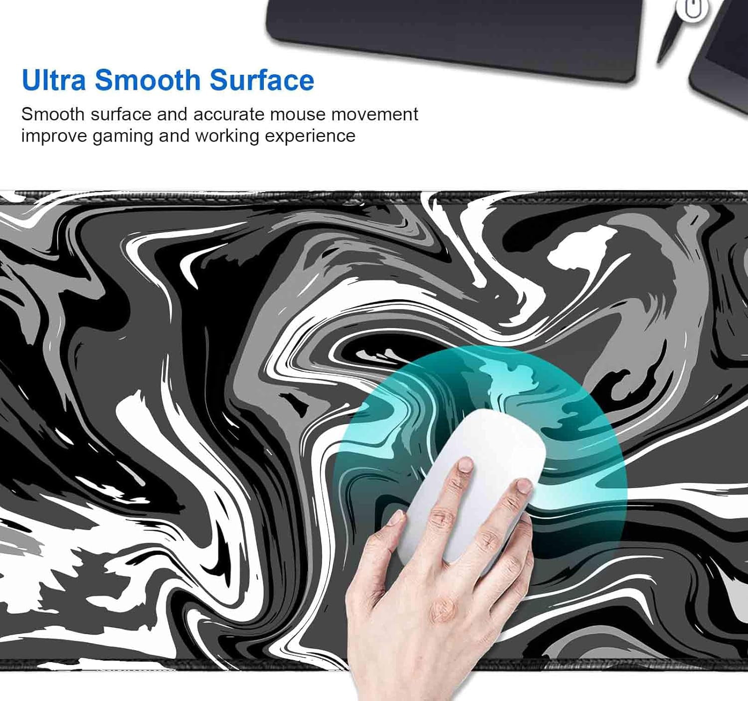 Desk Mat, Black White Ink Liquid Waves Pattern Extended Gaming Mouse Pad (35.4x15.7 in), Abstract Big Computer Large Mousepad, Full Desk Mouse Mat for Home Office Work