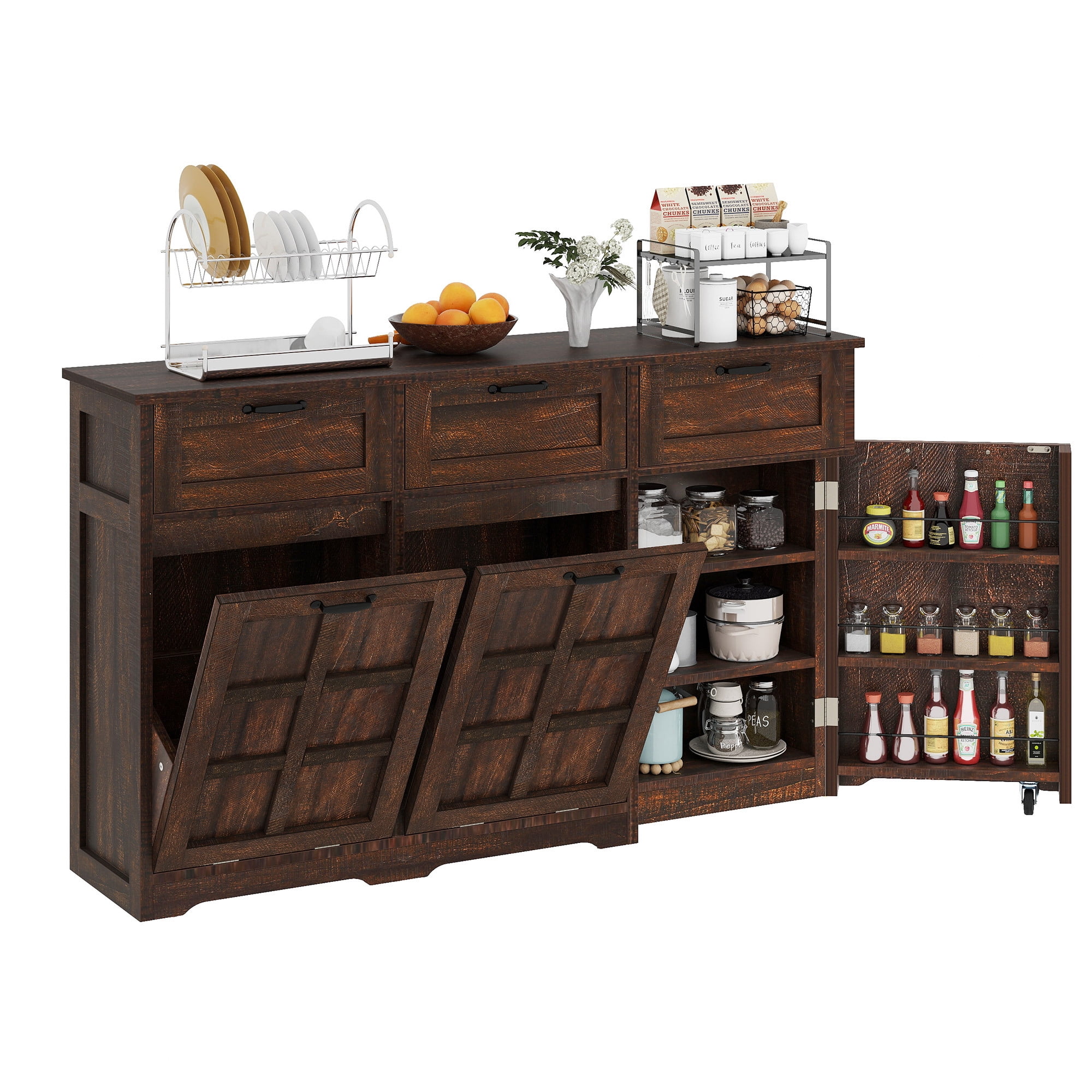 Uforic Tilt Out Trash Storage Cabinet with Drawers & Doors, Kitchen Sideboard Cabinet for Double 10-gal Trash Bins Storage, Brown