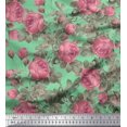 thumbnail image 1 of Soimoi Tissu en Coton Cambric Vert Imprimé Feuilles & Roses Tissu de Couture BTY 56 Pouces de Large, 1 of 3