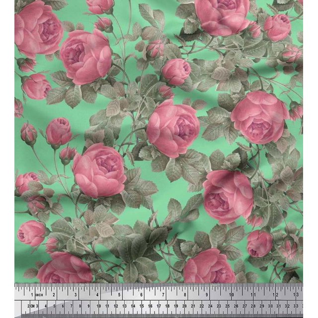 Soimoi Tissu en Coton Cambric Vert Imprimé Feuilles & Roses Tissu de Couture BTY 56 Pouces de Large