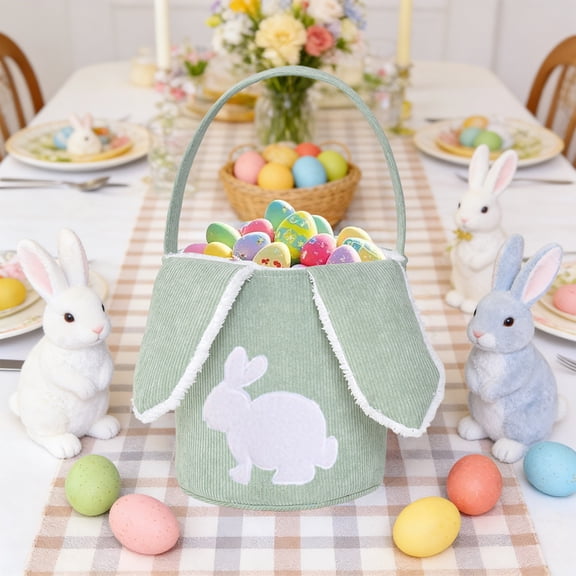Eespoir Corduroy bunny tote bag basket, Easter Egg Decoration Basket, Candy Storage Tote, for Spring Party, Gift Bag, Kids Favor, Home Holiday Accent(Green)