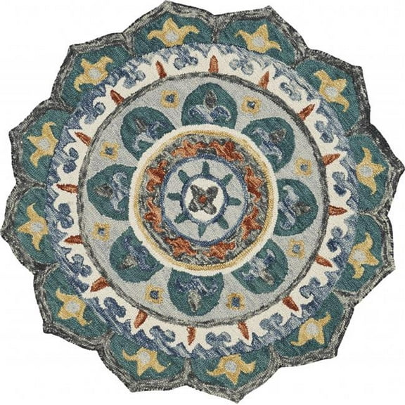 4 ft. Round Teal Decorative Floral Area Rug