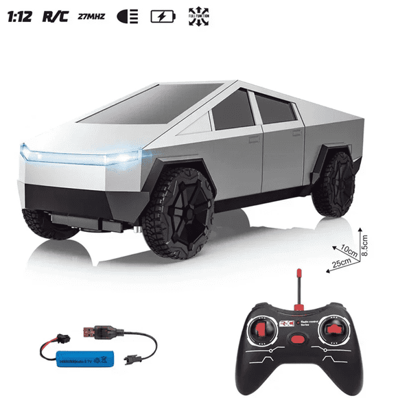 Funtogether Toys 1:12 Cybertruck RC Pickup Truck, 4WD Dual-Motor High-Speed All-Terrain RC Car, 27MHz Remote Control Vehicle with LED Lights, Gift Toy for Kids & Boys