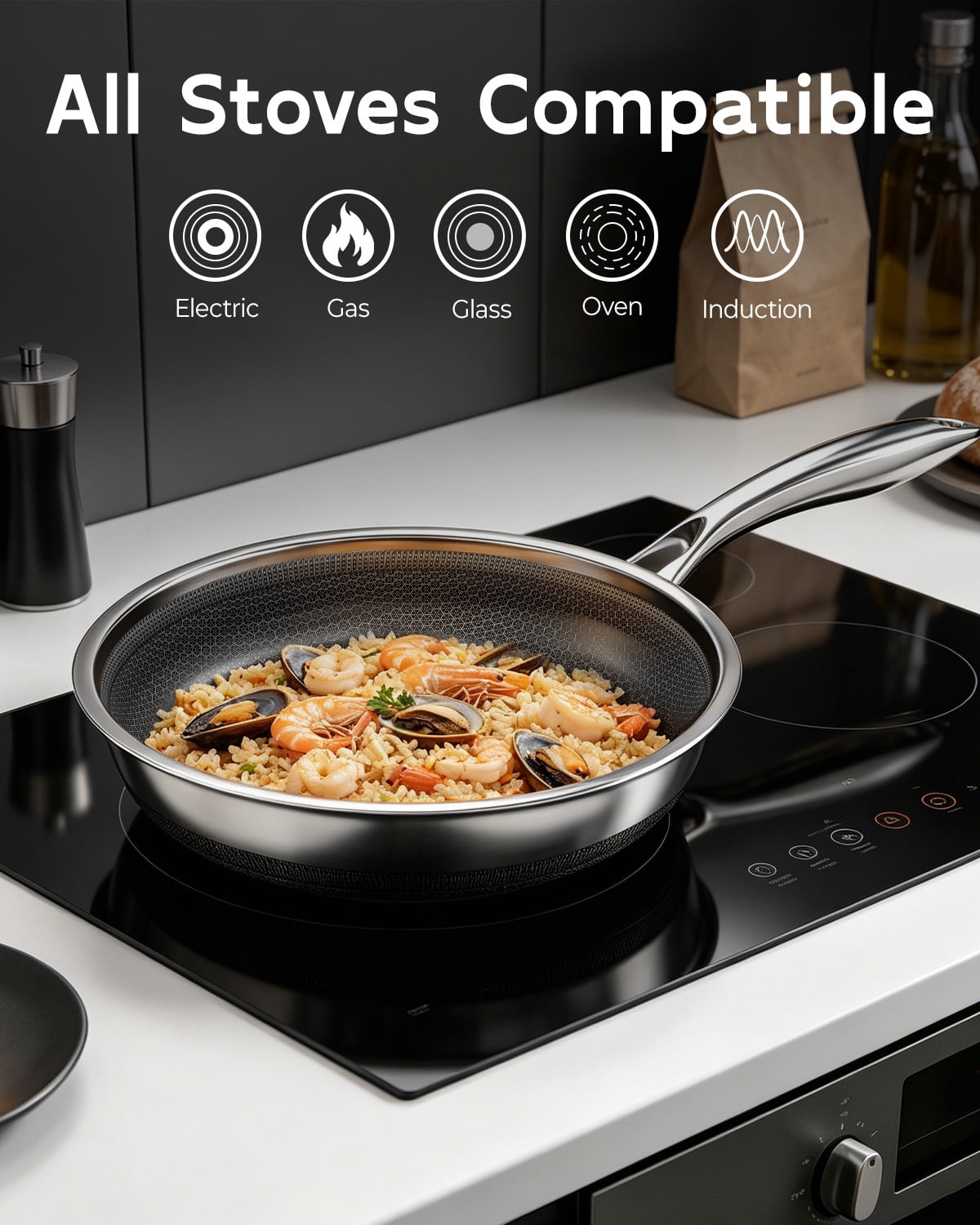FogDream Non Stick Frying Pans Set, 10 & 11 Inch Tri-Ply  Stainless Steel Pans with Lids  for All Cooktops, Dishwasher & Oven-Safe Cooking Pan,Silver