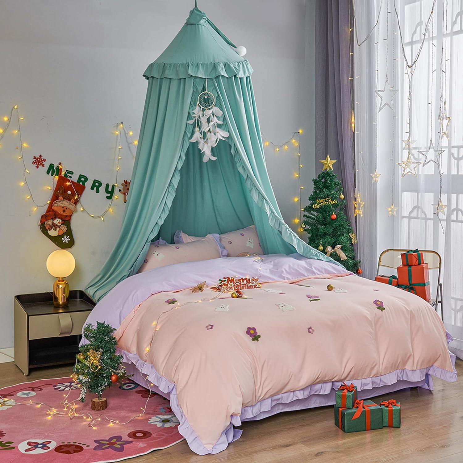 Bed Canopy for Girls,Princess Round Dome Dreamy Mosquito Net Bedding Girls Room Castle Play Tent Hanging House Decor Reading Nook Canopies (Green)