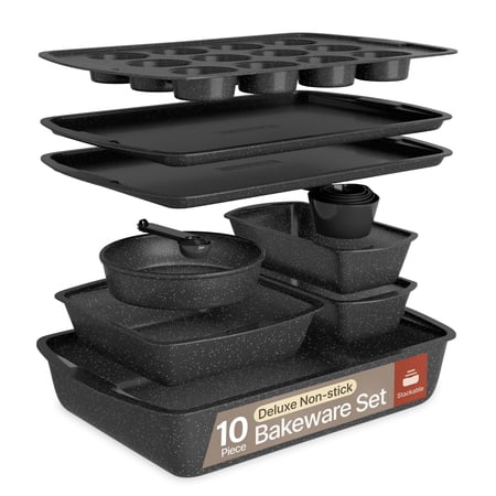 Bakken- Swiss 10-Piece Bakeware Sets, Nonstick Carbon Steel Baking Sheet & Pans, Stackable Space-Saving Bakeware, Stain-resistant, Oven Safe (up to 450°F), Gray Marble