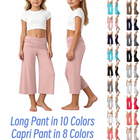 Bmisegm Girls Pants Waist Pleated Yoga Pure Color Wide Leg Loose Casual Cropped Capri Girls Trousers for Comfortable Play Age 5-14 02_Pink,5-6 Years