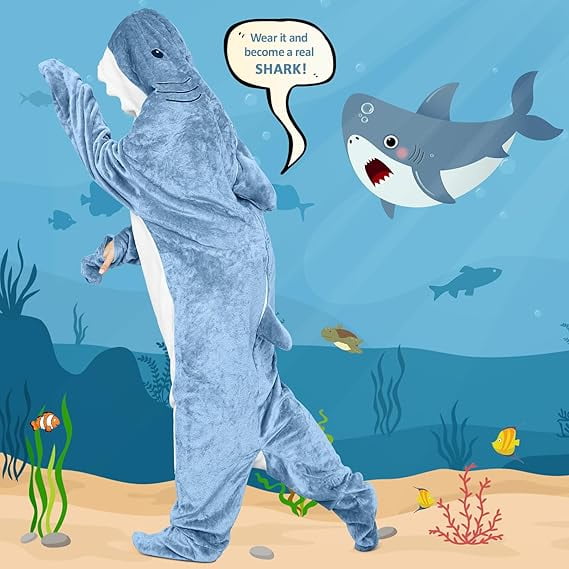 RAINBEAN Shark Blanket Hoodie Onesie for Adults and Kids, Cozy Flannel Shark Sleeping Bag