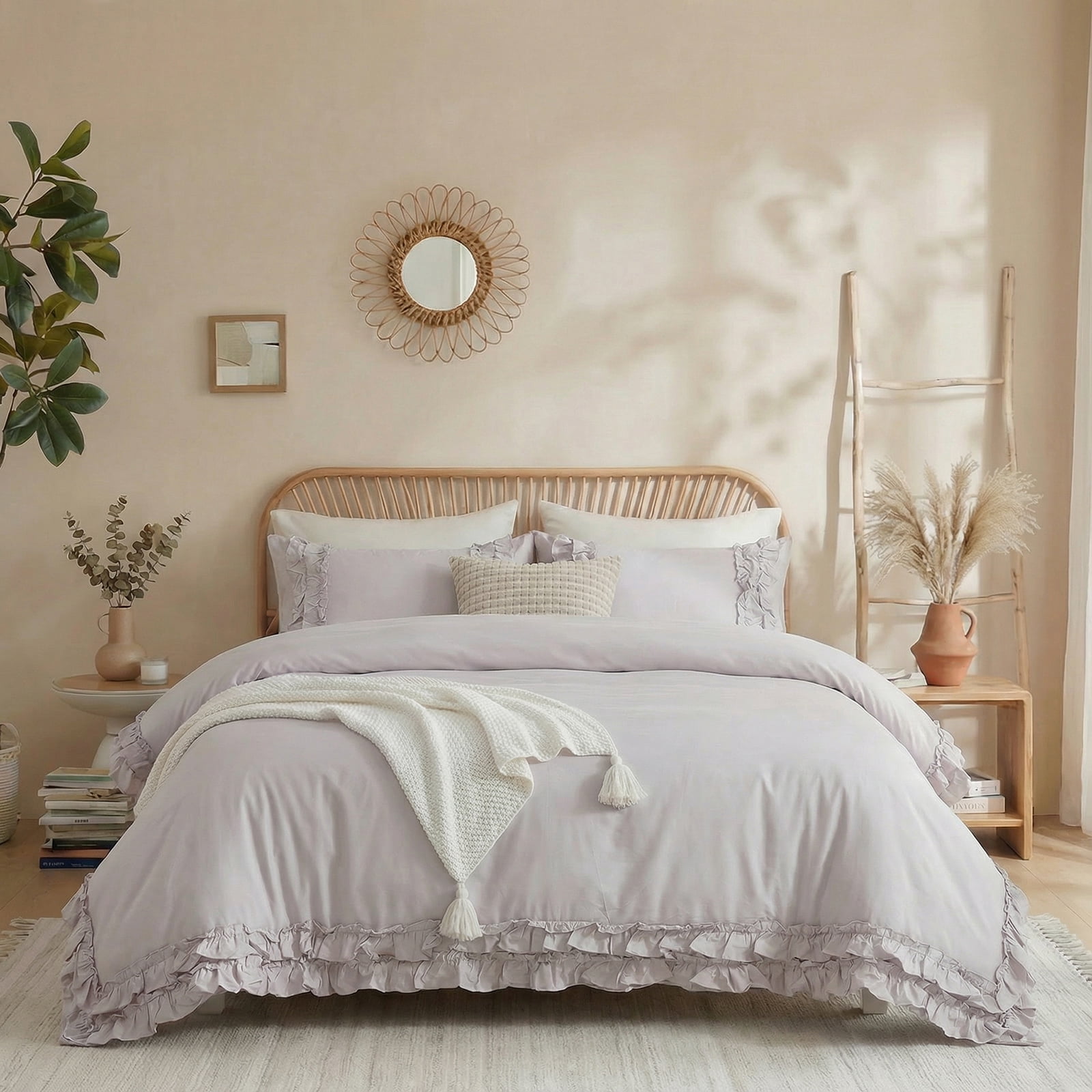 100% Cotton Ruffled Comforter Set Queen, White Shabby Chic Farmhouse Bedding Set French Country Cute Comforter Set