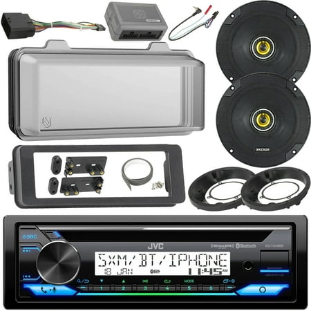 JVC KD-T91MBS CD Player Bluetooth USB AUX AM/FM Radio Receiver with Radio Cover, 2x Kicker 6.5" 300W 2-Way Speakers with Adaptors, Handlebar Controls (Bundle Fits Select 1998-2013 Harley Motorcycles)