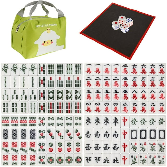 POINTERTECK Chinese Mahjong Game Set Mini 144 Mahjong Tile Set with Mahjong Mat Lightweight Portable Mahjong Game for Family Leisure Time Travel