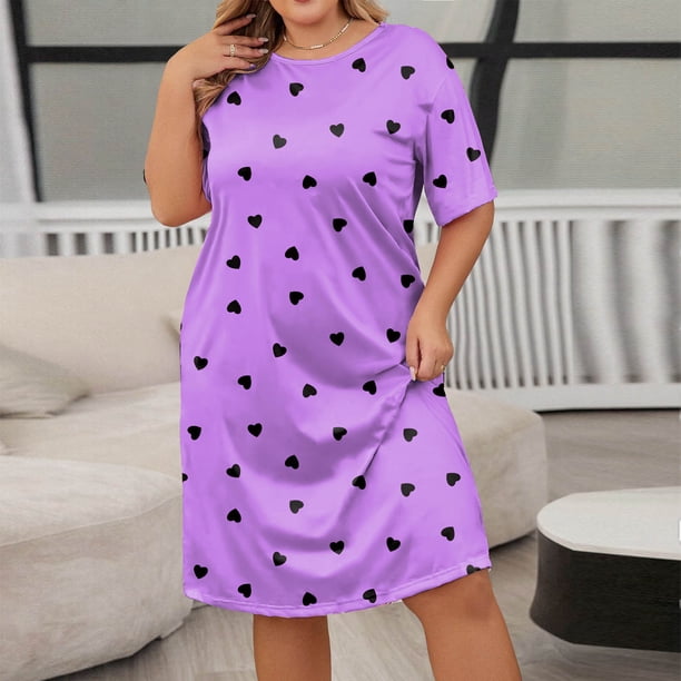 Puntoco Mujer Primavera Y Otoño Cuello Redondo Manga Larga Impreso Tamaño Grande Vestido Casual Suelto Manga Corta Cuello Redondo top/Camisa Conjunto Púrpura Xl,Regalos Para Mujer Joven