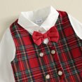 thumbnail image 6 of Cjfdfy Toddler Baby Boy Christmas Gentleman Outfit Button Long Sleeve Shirt With Bow Tie And Plaid Vest Elastic Pants 3Pcs Kids Cute My First Christmas Fall Winter Formal Outfits 6M-8Y, 6 of 9