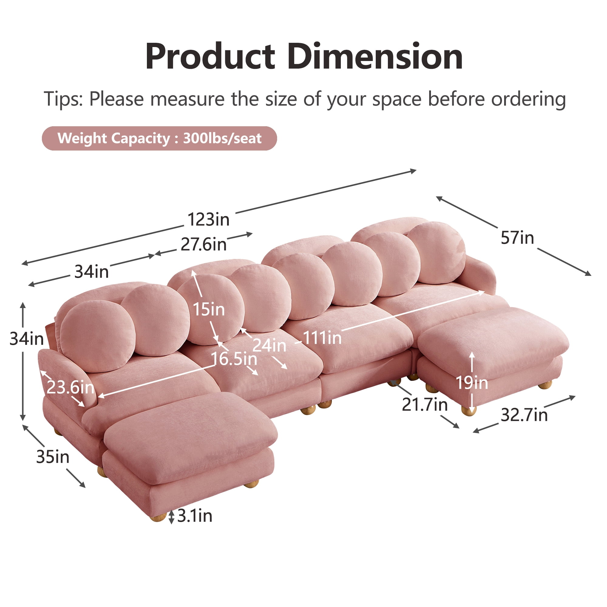 123" U-shaped 6 Seater Chenille Modular Sectional Sofa Couch with 8 Throw Pillows and 2 Ottoman