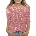 thumbnail image 2 of JTSRKL Kids Girls Summer Sparkly Tops Dressy Casual Summer 3/4 Sleeve Round Neck Graphic Tunic Blouse Trendy Soft Cotton Outfit Glitter Tees Shirt Multicolor#14 5-6 Years, 2 of 6