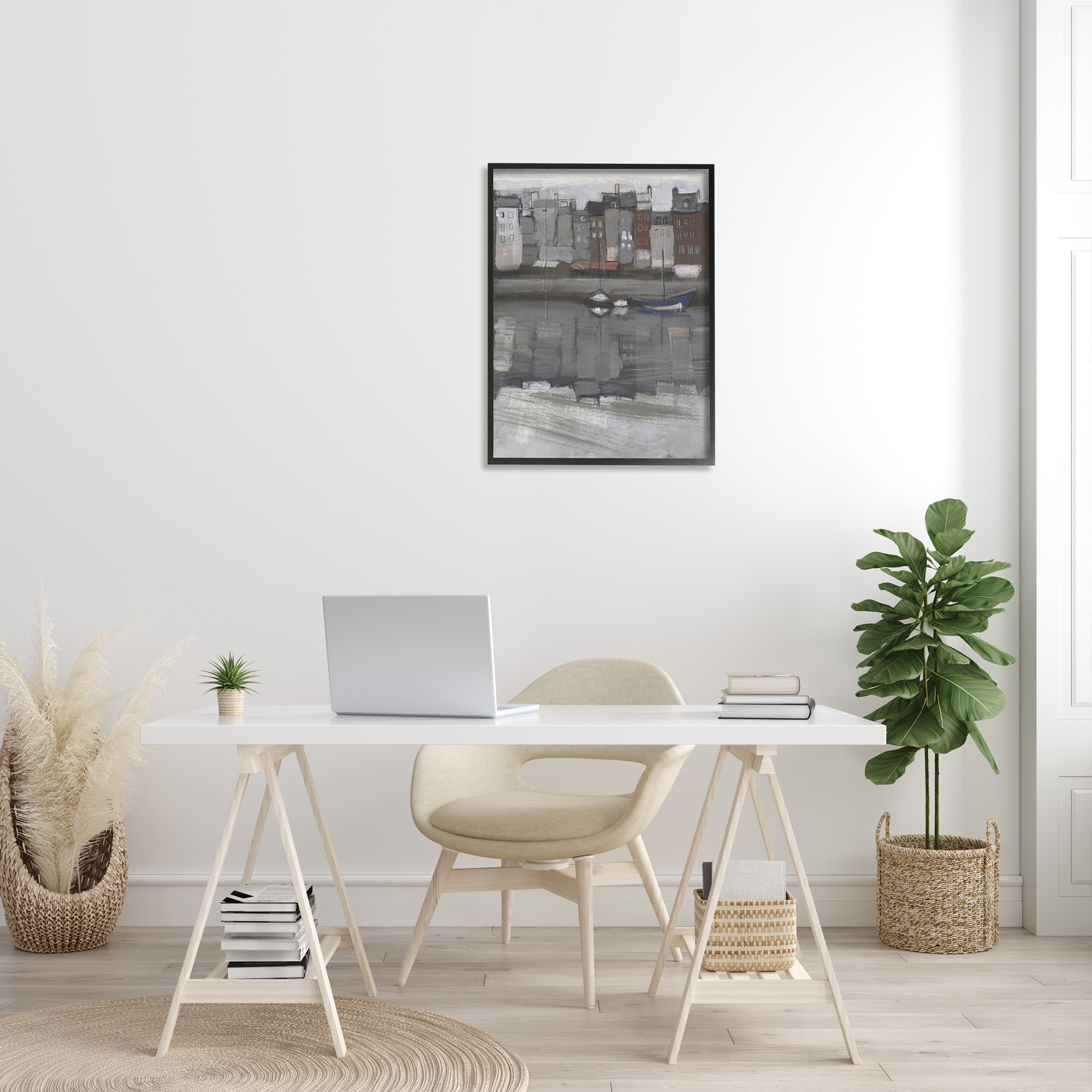 Stupell Industries Stormy Coastal City Landscape Murky Sea Port Travel & Places Painting Black Framed Art Print Wall Art, 24 x 30